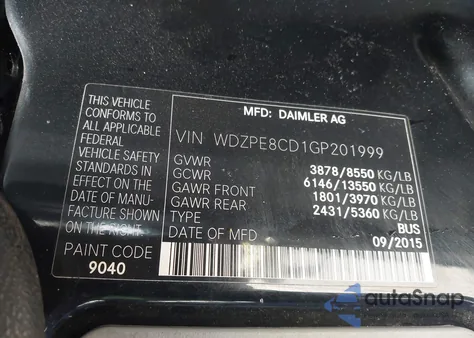 2016 Mercedes-Benz Sprinter 2500 High Roof from USA, damaged, VIN WDZPE8CD1GP201999